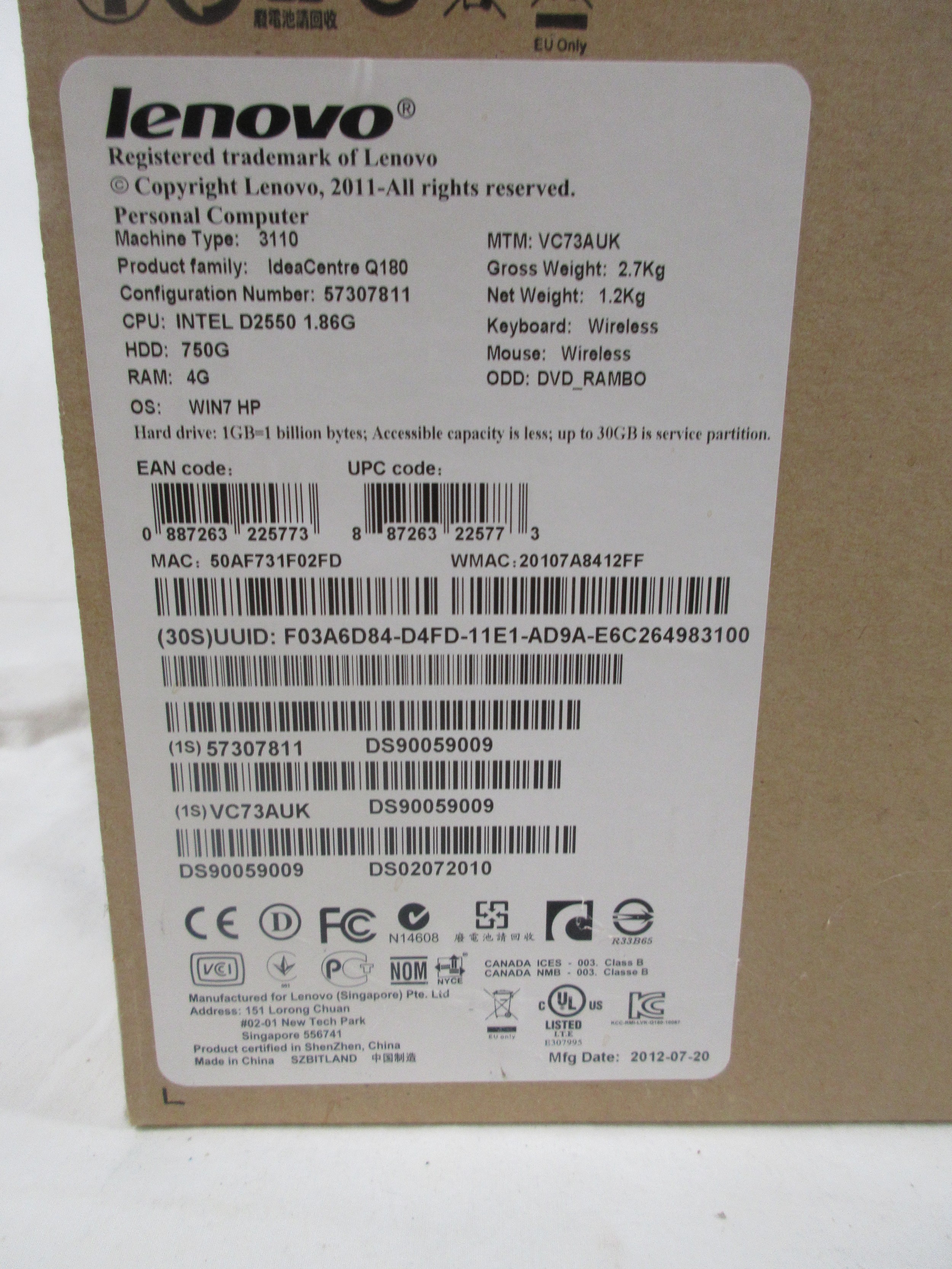 A Lenovo Q Series IdeaCentre Q180 PC, appears unused, in original box ...