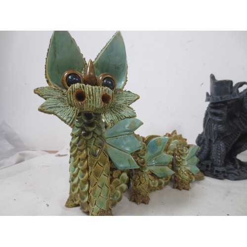 36 - Hand made Yare designs dragon along with another and a Figurine of a Crouching Leopard by Unknown ma... 