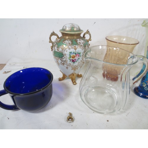 50 - A Jose  Cire Royo hand painted 6 inch  vase along with a crackle vase ,blue glass cup mug, two jugs ... 