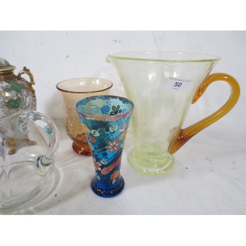 50 - A Jose  Cire Royo hand painted 6 inch  vase along with a crackle vase ,blue glass cup mug, two jugs ... 