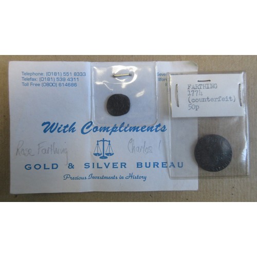 132 - A Charles I rose farthing and a counterfeit 1774 farthing