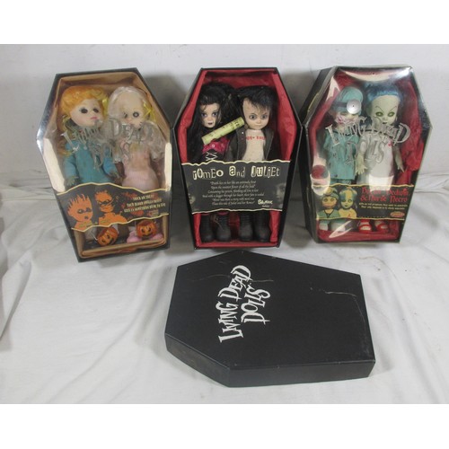 140 - 3 Mezco Living Dead Dolls twin packs comprising 93505 Romeo & Juliet, 99955 Hemlock & Honey & 99624 ... 