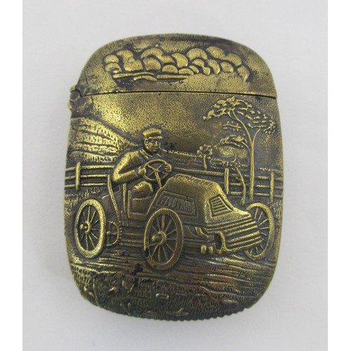 153 - A brass vesta decorated with a vintage motoring scene to both sides