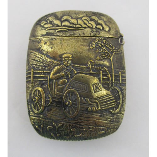 153 - A brass vesta decorated with a vintage motoring scene to both sides