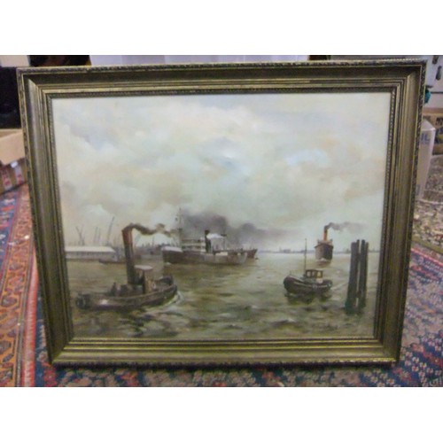 168 - An oil on canvas, framed, entitled 'Shipping at Rotterdam' by Roger Black, signed lower right