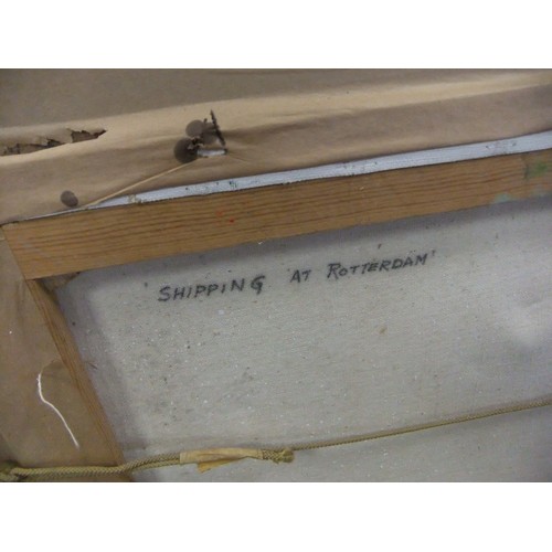 168 - An oil on canvas, framed, entitled 'Shipping at Rotterdam' by Roger Black, signed lower right