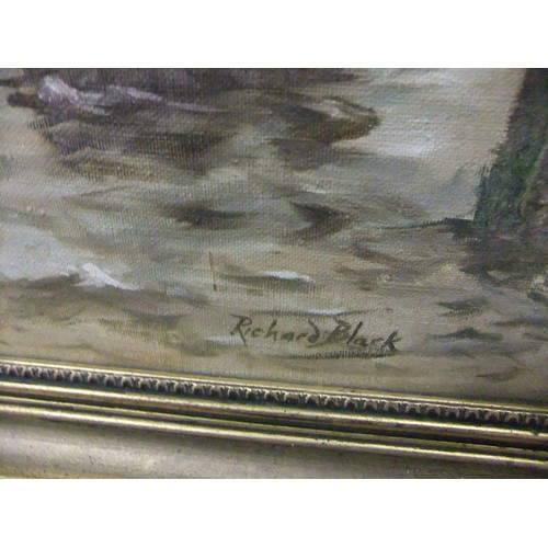 168 - An oil on canvas, framed, entitled 'Shipping at Rotterdam' by Roger Black, signed lower right