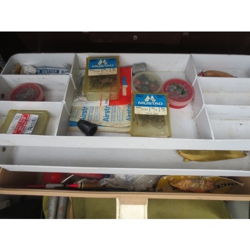173 - A selection of plastic tackle boxes, several with contents including hooks, weights, floats, lures e... 