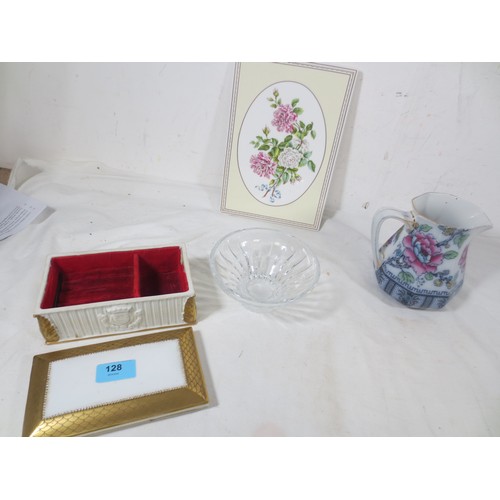128 - A Josol ware jug ,,Lead crystal fully hand made bowl ,Portuguese ceramic jewellery box with lid and ... 