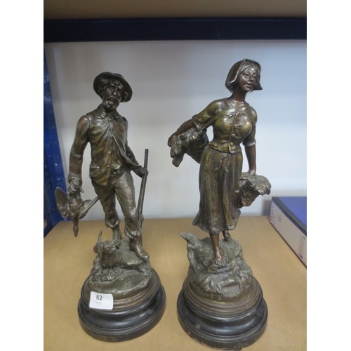 62 - Two bronzed spelter figures in the style of Emil Fuchs - man with gun, dog and bird, and woman with ... 