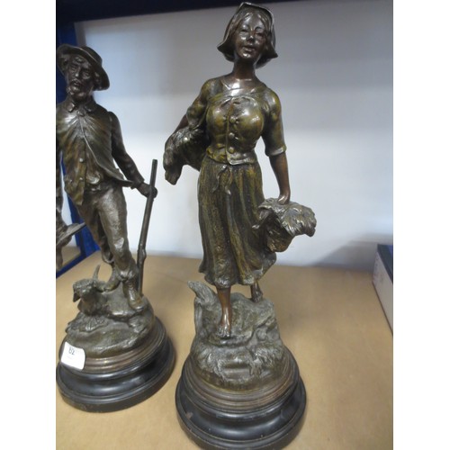 62 - Two bronzed spelter figures in the style of Emil Fuchs - man with gun, dog and bird, and woman with ... 