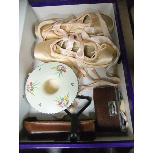 61 - Two Frederick Freed ballet shoes (one size 5, the other 4 1/2),  a Poole pottery traditional pattern... 