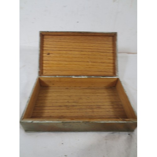 197 - A Chinese wood lined Cigarette box along with two engraved Brass ashtrays .