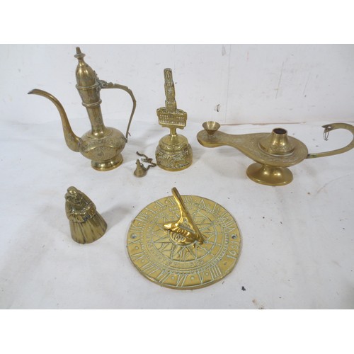 199 - Chinese style oil Lamp , A brass bell from Belgium, Robbed Monk bell ,Sundial and a Turkish style co... 