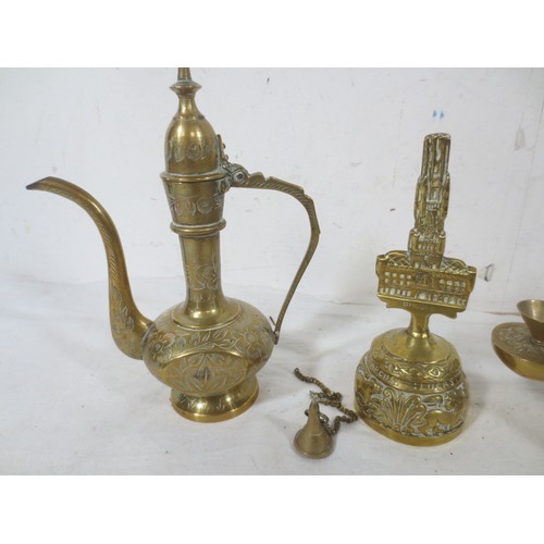 199 - Chinese style oil Lamp , A brass bell from Belgium, Robbed Monk bell ,Sundial and a Turkish style co... 