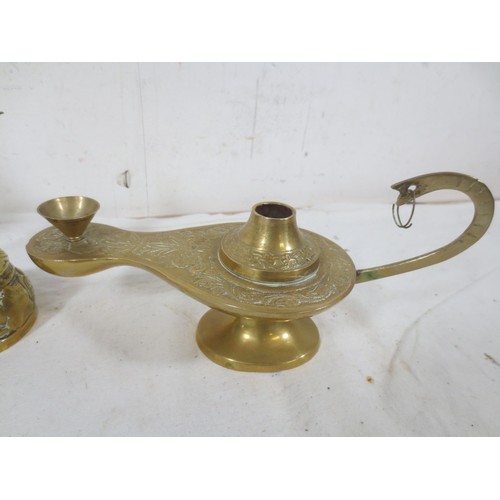 199 - Chinese style oil Lamp , A brass bell from Belgium, Robbed Monk bell ,Sundial and a Turkish style co... 