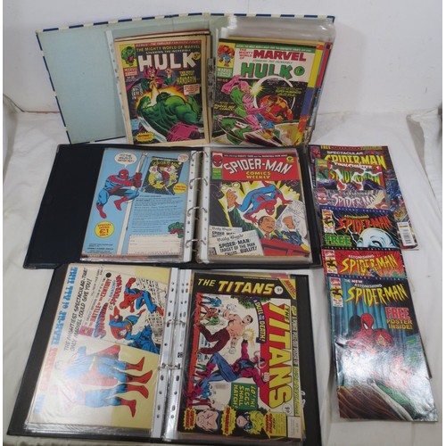 73 - Comics. The Incredible Hulk, Spider-Man, and The Titans.
A blue and white ring binder of The Mighty ... 