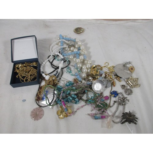61 - A bag of costume jewellery including a small box of gold tone necklaces & bracelets