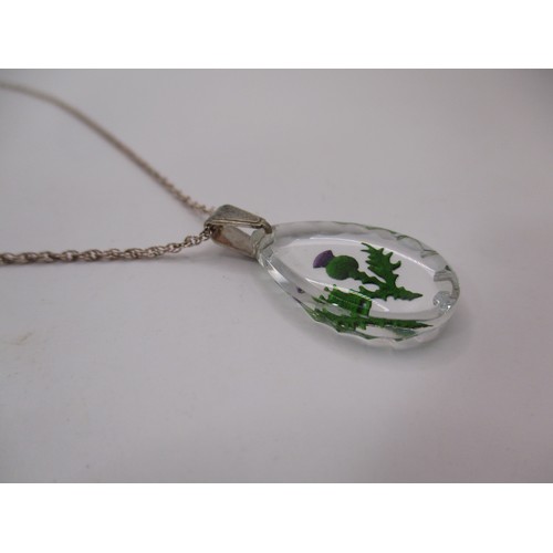 A sterling silver chain with glass pendant featuring a painted thistle ...
