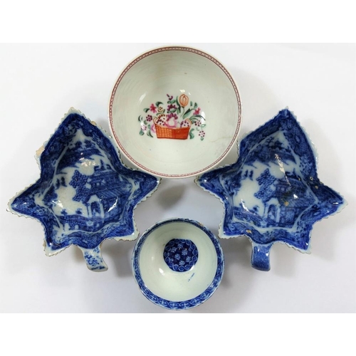 10 - Two 18th century blue and white transfer decorated leaf-shaped pickle dishes, 11.7cm, a small transf... 