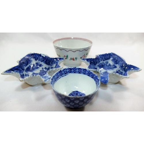 10 - Two 18th century blue and white transfer decorated leaf-shaped pickle dishes, 11.7cm, a small transf... 