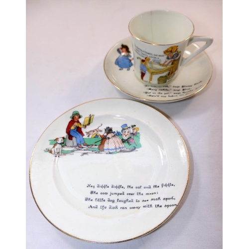 13 - An H M Williamson and Sons pottery child's cup saucer and plate transfer decorated with nursery rhym... 