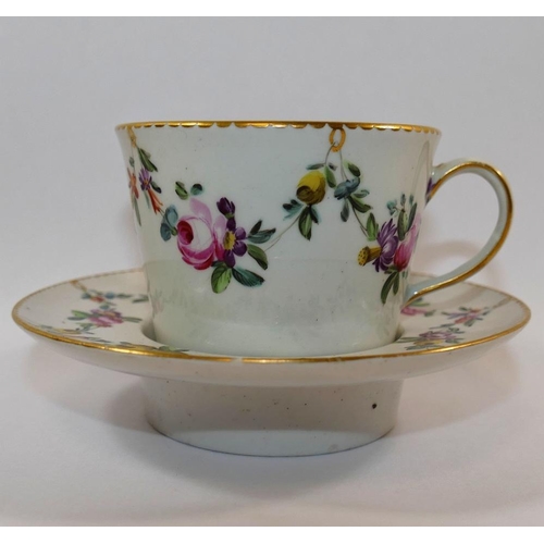 18 - An 18th century Derby porcelain trembleuse cup and saucer, hand painted in enamels with floral swags... 