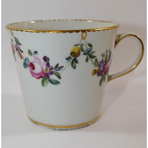 18 - An 18th century Derby porcelain trembleuse cup and saucer, hand painted in enamels with floral swags... 