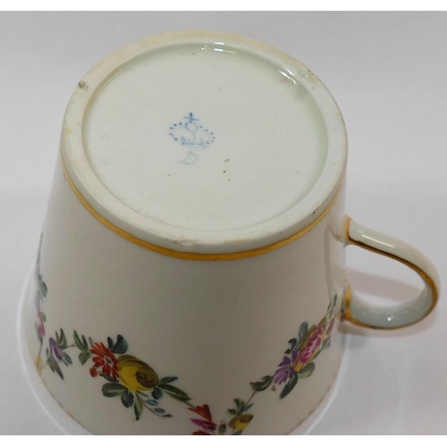 18 - An 18th century Derby porcelain trembleuse cup and saucer, hand painted in enamels with floral swags... 