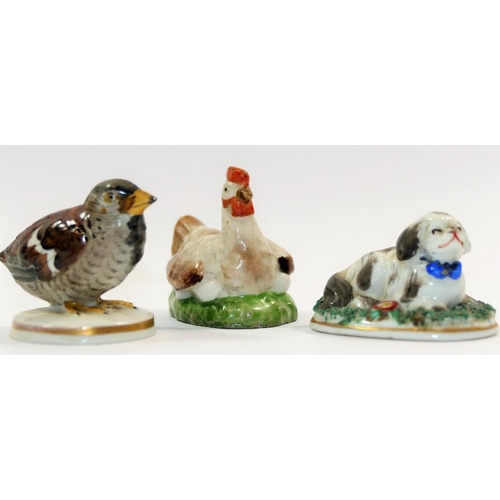 2 - A small 19th century porcelain figure of a sparrow chick on circular base with Chelsea style gold an... 