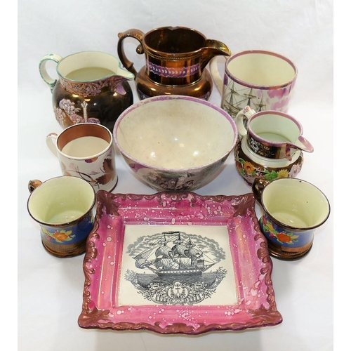 6 - A large 19th century Sunderland pink lustreware mug transfer decorated with a sailing ship entitled ... 