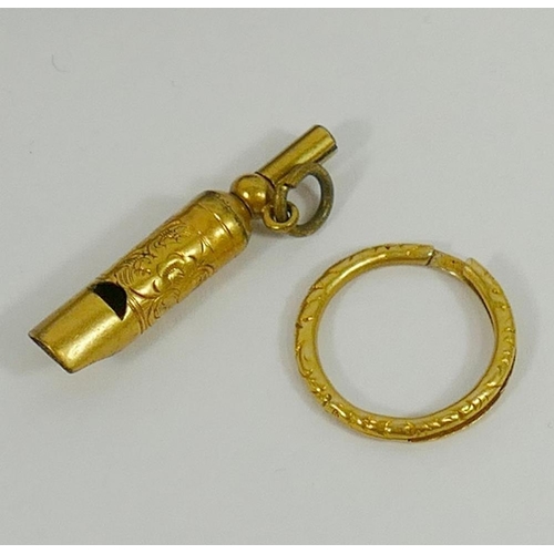 121 - A Georgian gold split ring 1.4g and a gold plated combination whistle and watch key, a yellow metal ... 