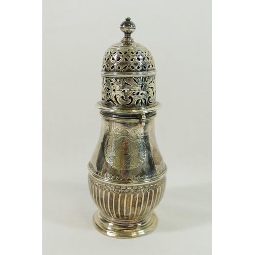 174 - A Queen Anne silver sugar caster, London 1706, by Charles Adam, of baluster form with half fluted bo... 