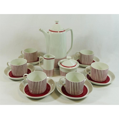 34 - A Swedish Rorstrand 'Kadett' pattern red and white coffee set, for six place settings, the coffee po... 