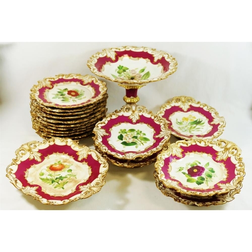 46 - A mid 19th century Ridgway porcelain dessert service, hand painted with flowers, within gilt and cla... 