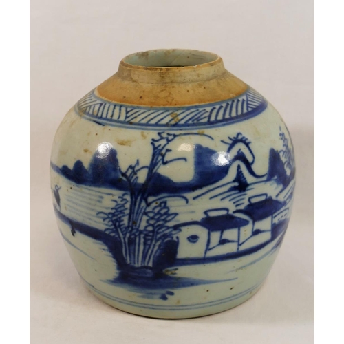 52 - A Chinese blue and white ginger jar, decorated with a lake scene and fisherman, lid lacking, 15.5cm ... 