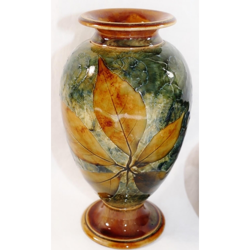 13 - A Royal Doulton Autumn Leaf pattern vase, the mottled green ground with treacle glazed rim and foot,... 