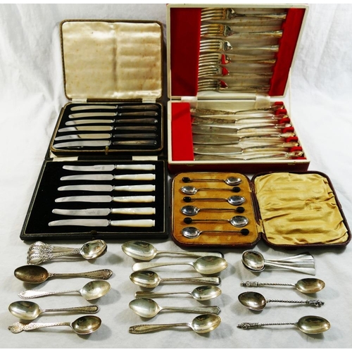 132 - A quantity of assorted silver teaspoons, combined weight 9.87ozt, 307g, a cased set of mother of pea... 