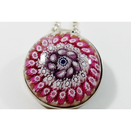 155 - A silver mounted Paul Ysart Caithness glass pendant with single millefiori 'stone', Edinburgh 1971, ... 