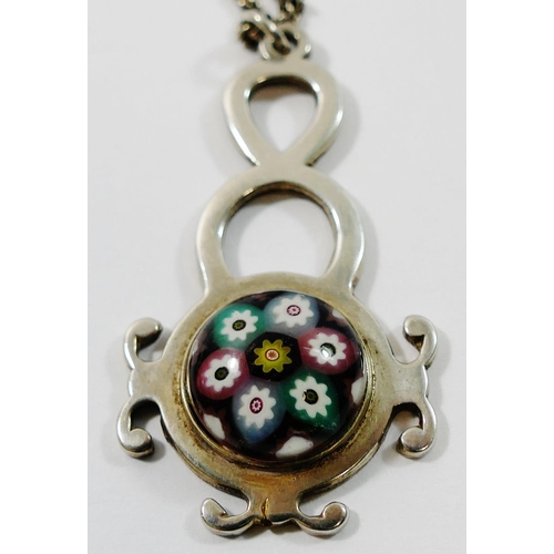 155 - A silver mounted Paul Ysart Caithness glass pendant with single millefiori 'stone', Edinburgh 1971, ... 