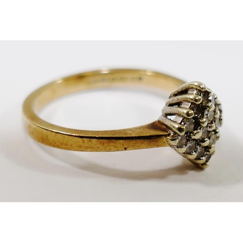 168 - A 9 carat gold diamond cluster ring, the lozenge shaped cluster set with 16 eight cut diamonds, comb... 