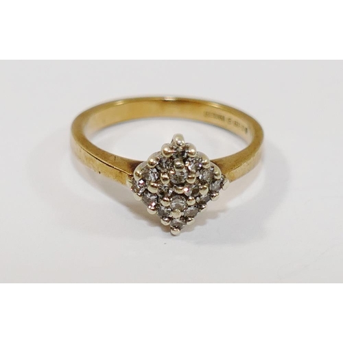 168 - A 9 carat gold diamond cluster ring, the lozenge shaped cluster set with 16 eight cut diamonds, comb... 