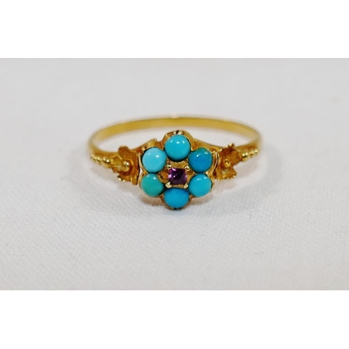 169 - A Victorian gold, turquoise and garnet set daisy head cluster ring, 1.3g gross, finger size M, a sma... 