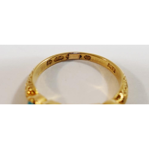 187 - A Victorian 18 carat gold turquoise five stone half hoop ring, with ornately engraved shoulders and ... 