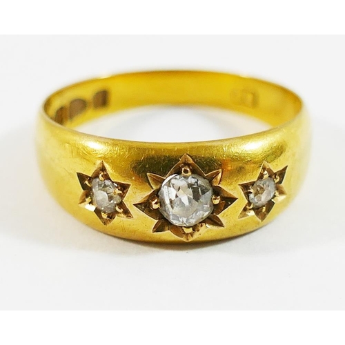 193 - A Victorian 18 carat gold gypsy set diamond three stone ring, Chester 1894, the old cut diamonds com... 