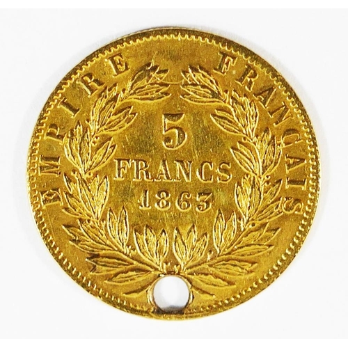 202 - A Napoleon III 1865 gold 5 Francs coin, drilled, 1.5g