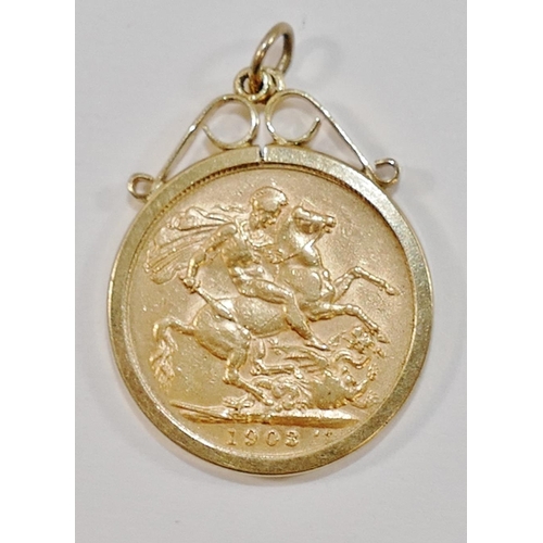 203 - An Edward VII 1903 sovereign, with Melbourne mint mark, housed in removable 9 carat gold pendant mou... 