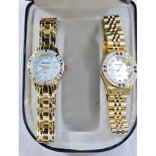 215 - An Ingersoll ladies gold plated bracelet watch with mother of pearl dial, date aperture and sapphire... 