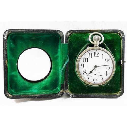 227 - A silver plated goliath pocket watch, housed in a silver mounted black morocco case with easel back,... 