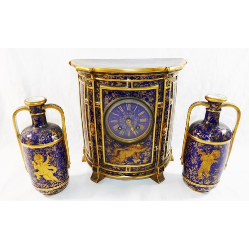 235 - A Victorian Wedgwood bone china cased mantle clock and vase garniture, the cobalt blue ground clock ... 